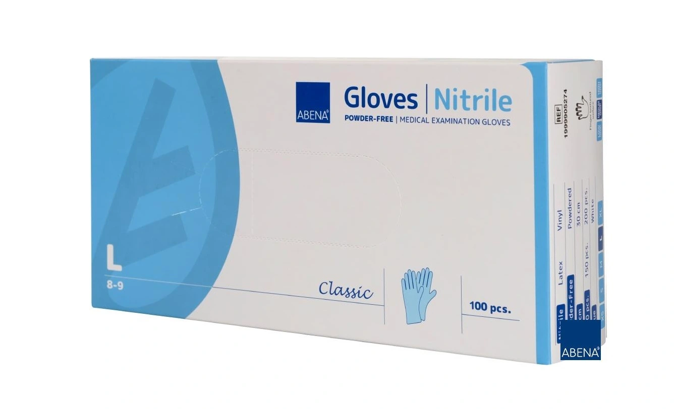 Niebieskie rękawice nitrylowe ABENA bezpudrowe w rozmiarze L – opakowanie produktu.