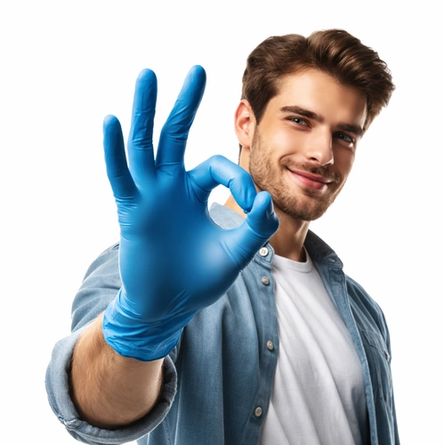 Zadowolony mężczyzna w rękawicach ochronnych pokazuje gest OK, symbol komfortu i pewnego chwytu.