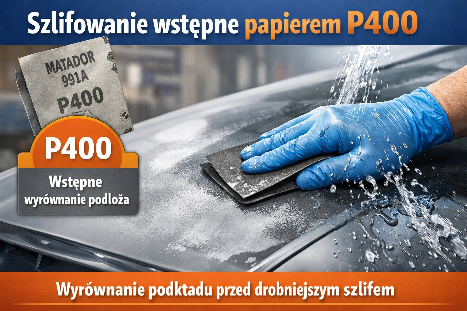 Szlifowanie papierem wodnym P400 – wstępne wyrównanie podkładu przed drobniejszym szlifem